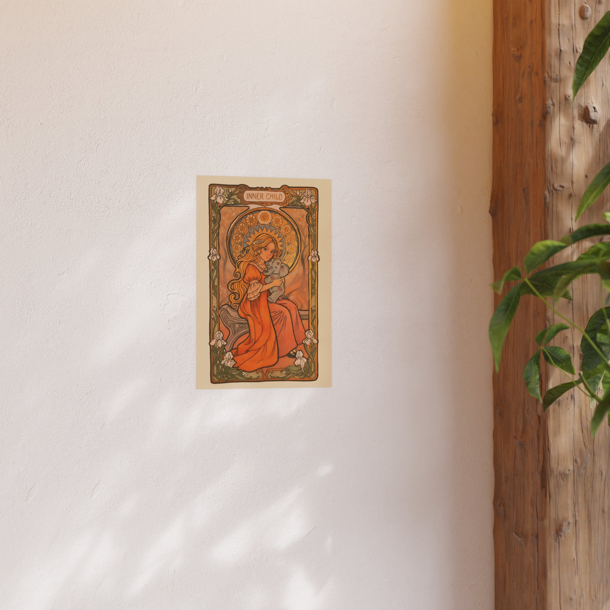 Inner Child poster: girl in an orange dress holding a small gray elephant under a golden halo