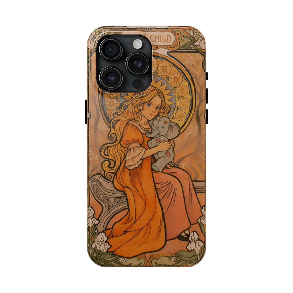 Inner Child tough phone case: girl in an orange dress holding a small gray elephant under a golden halo