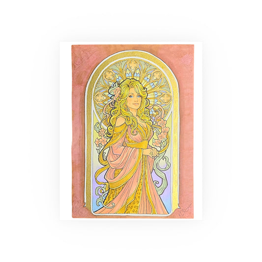 Art Nouveau goddess poster: flower-crowned woman in a pink gown in a peach and gold stained-glass arch