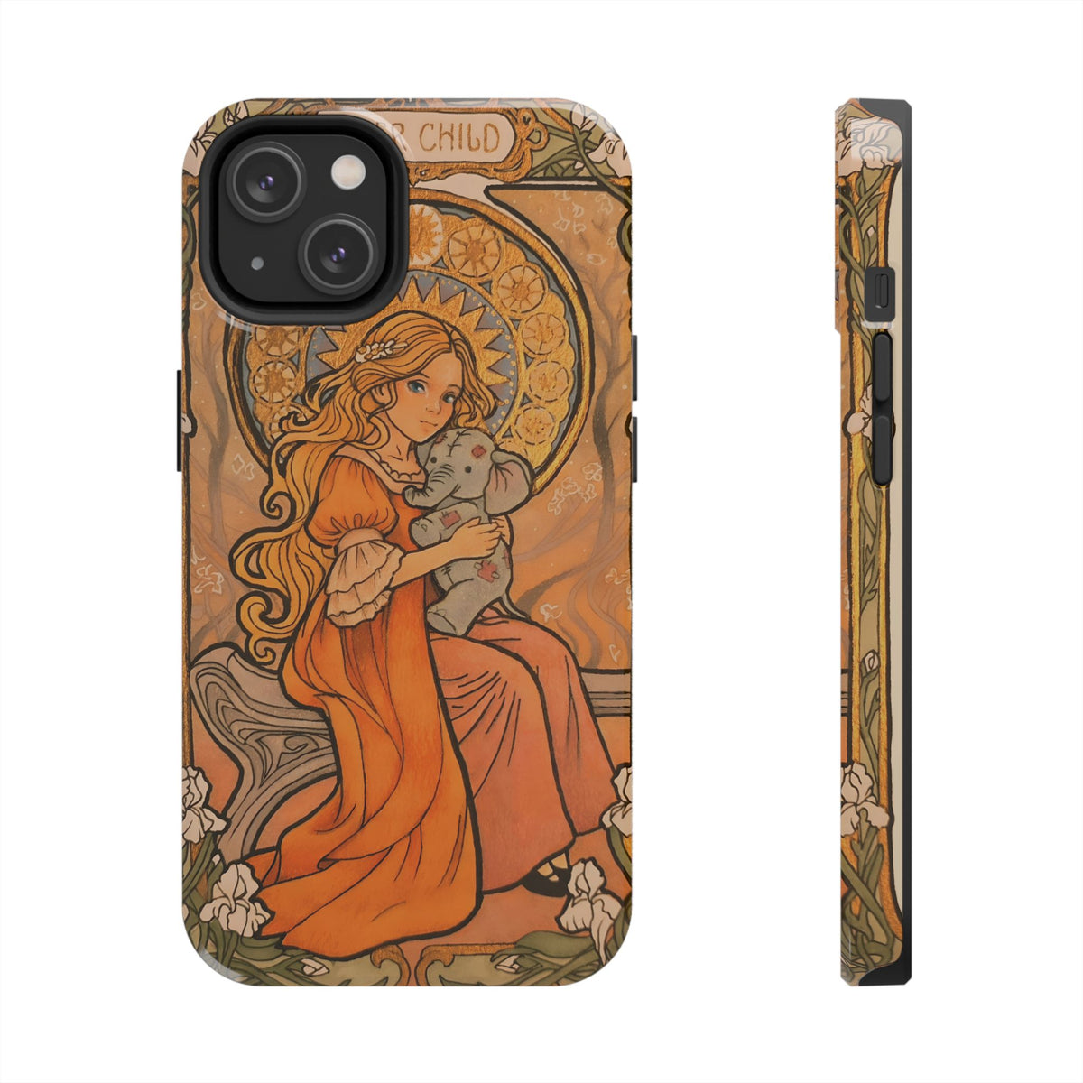 Inner Child tough phone case: girl in an orange dress holding a small gray elephant under a golden halo