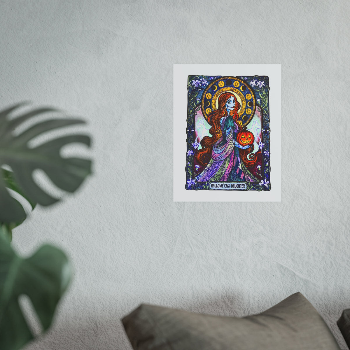 Hallowe'en's Daughter poster: red-haired stitched ragdoll in a patchwork gown holding a jack-o'-lantern