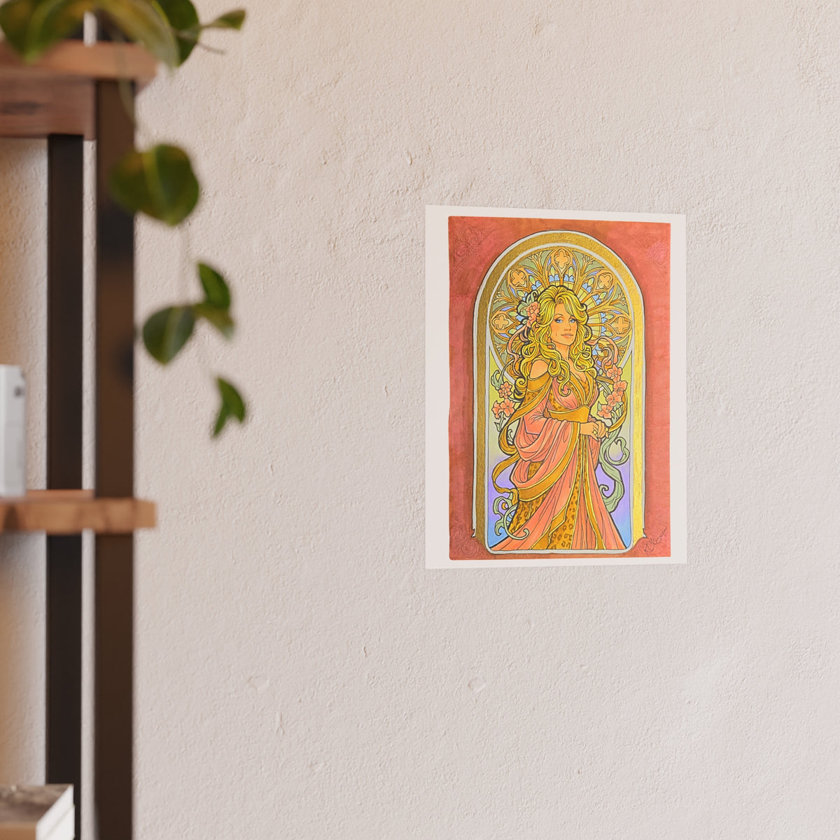 Art Nouveau goddess poster: flower-crowned woman in a pink gown in a peach and gold stained-glass arch