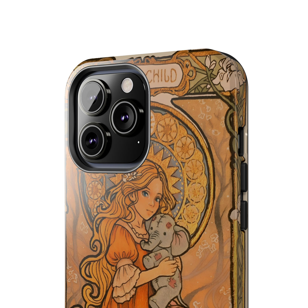 Inner Child tough phone case: girl in an orange dress holding a small gray elephant under a golden halo