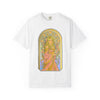 Art Nouveau goddess T-shirt: flower-crowned woman in a pink gown in a stained-glass arch