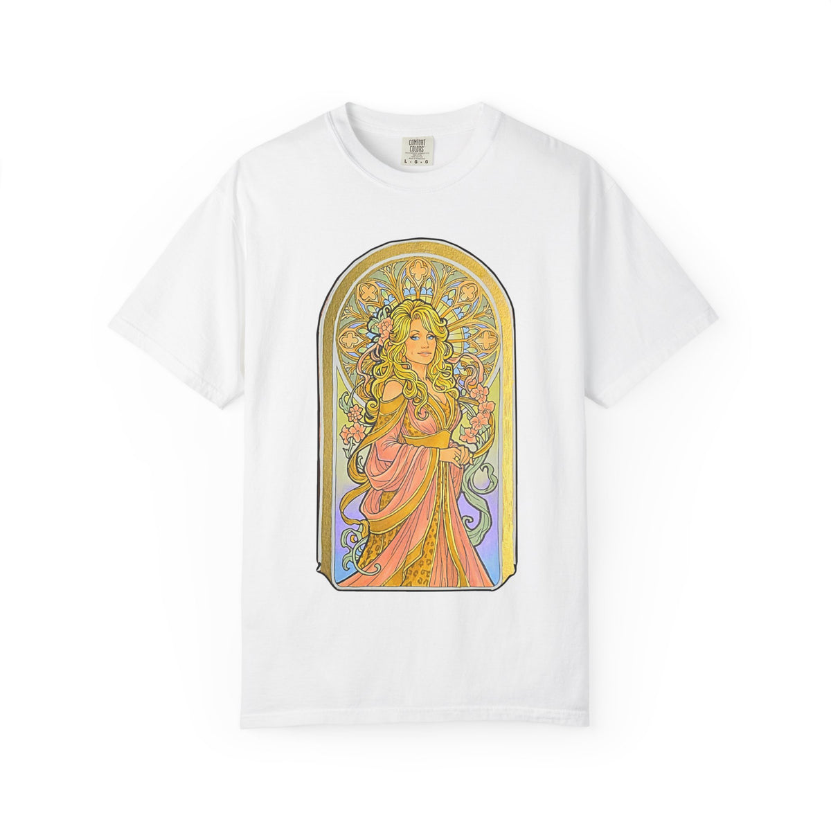 Art Nouveau goddess T-shirt: flower-crowned woman in a pink gown in a stained-glass arch