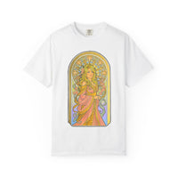 Art Nouveau goddess T-shirt: flower-crowned woman in a pink gown in a stained-glass arch