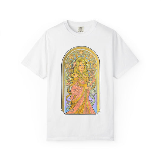Art Nouveau goddess T-shirt: flower-crowned woman in a pink gown in a stained-glass arch