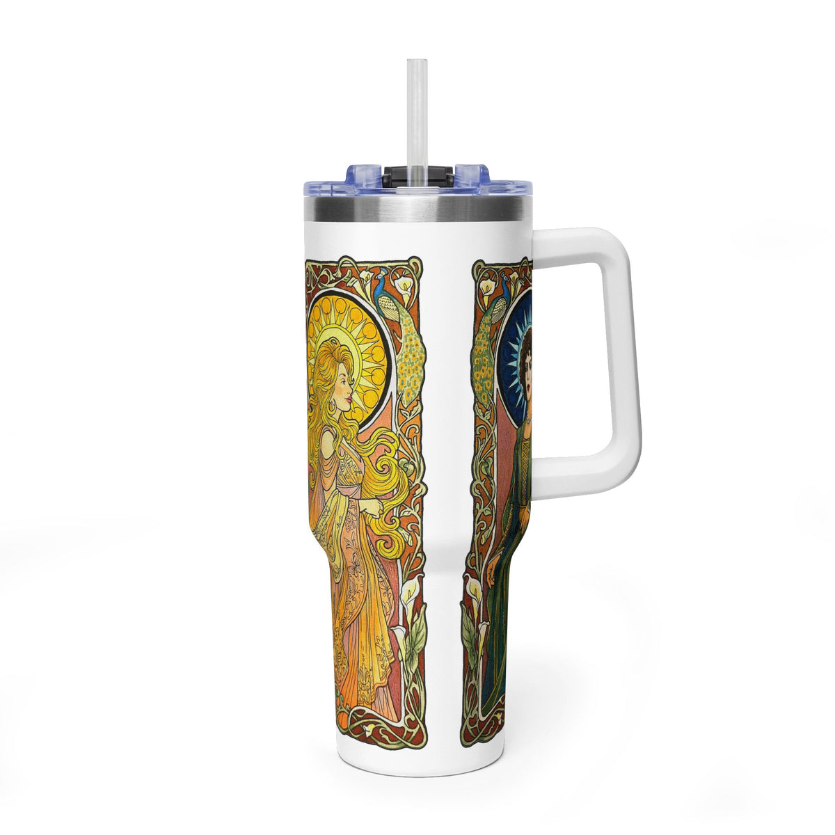 Sun and Moon Saints 40oz tumbler wrapped in two haloed saints in green and gold robes