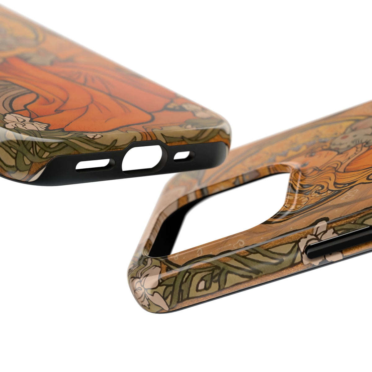 Inner Child tough phone case: girl in an orange dress holding a small gray elephant under a golden halo