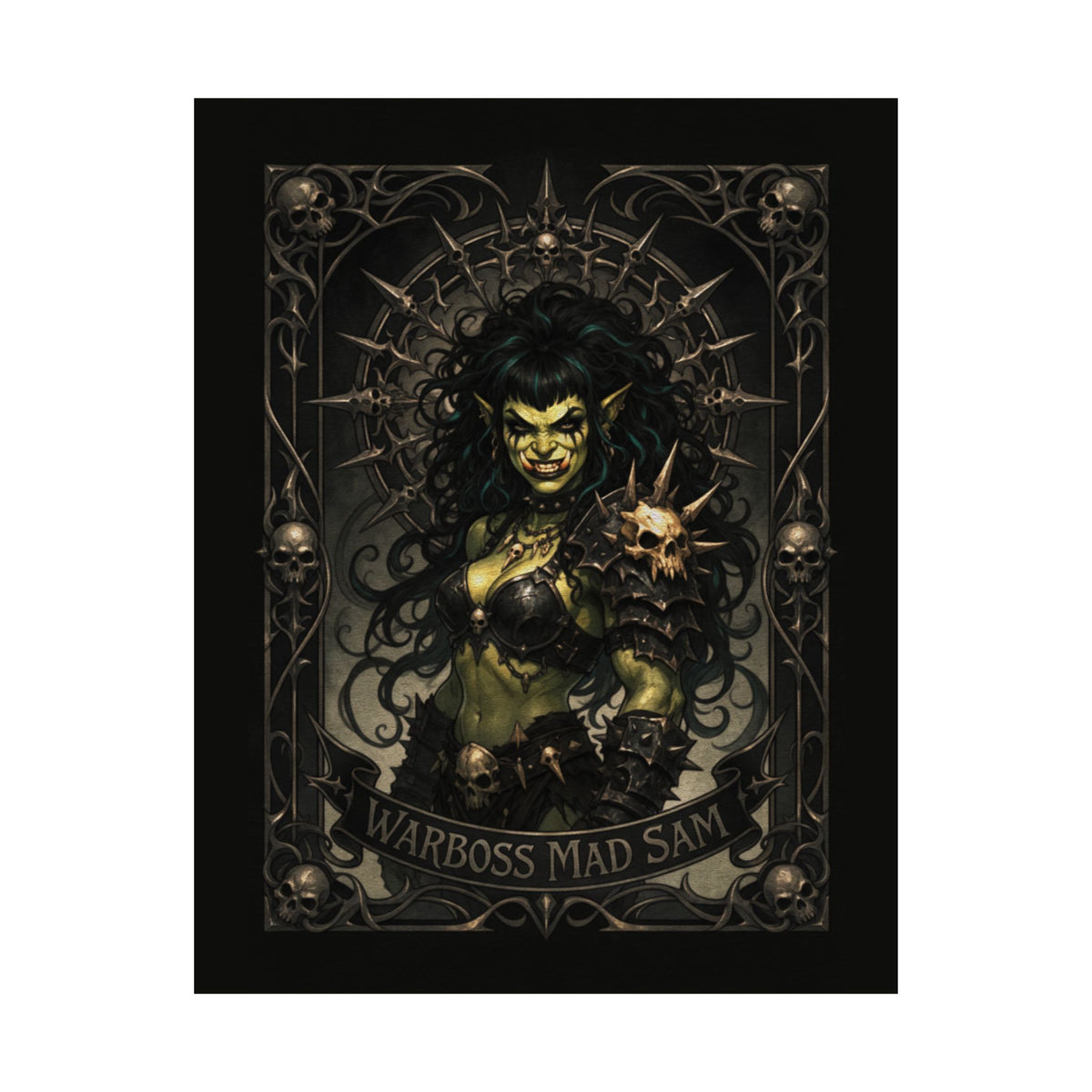 Warboss Mad Sam print: green-skinned orc warrior woman holding a glowing skull in gothic filigree