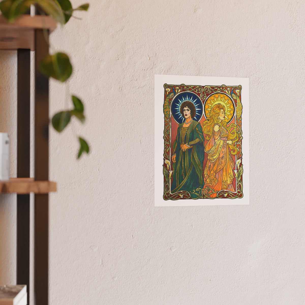 Sun and Moon Saints poster print: two haloed saints in green and gold robes framed by peacocks and lilies