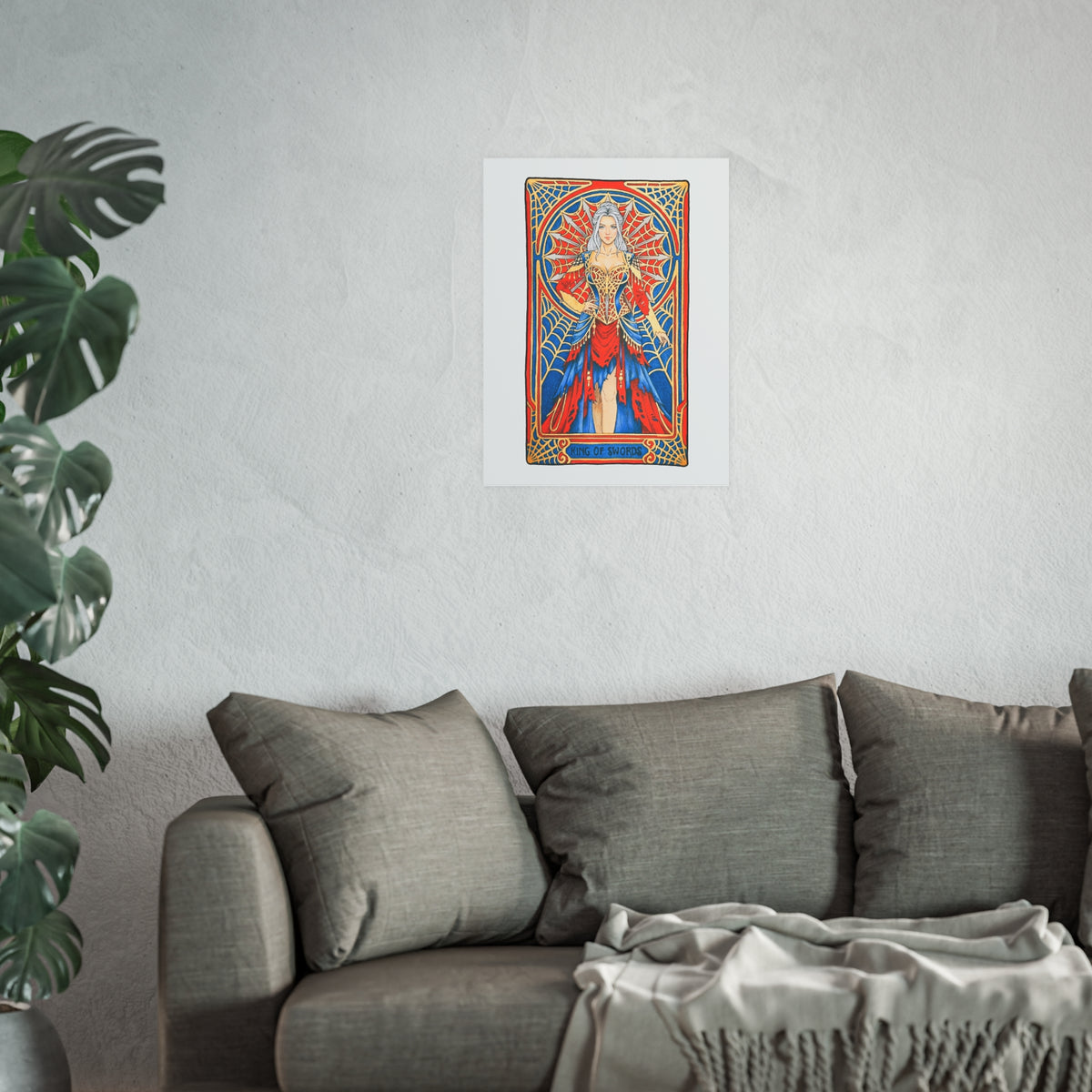 King of Swords tarot poster: silver-haired figure in a red and blue gown with a spiderweb halo