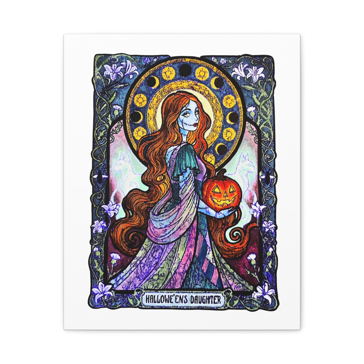 Hallowe'en's Daughter canvas: red-haired stitched ragdoll in a patchwork gown holding a jack-o'-lantern