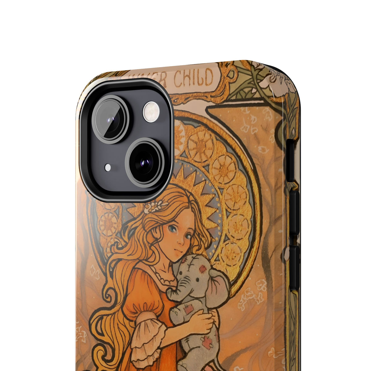Inner Child tough phone case: girl in an orange dress holding a small gray elephant under a golden halo