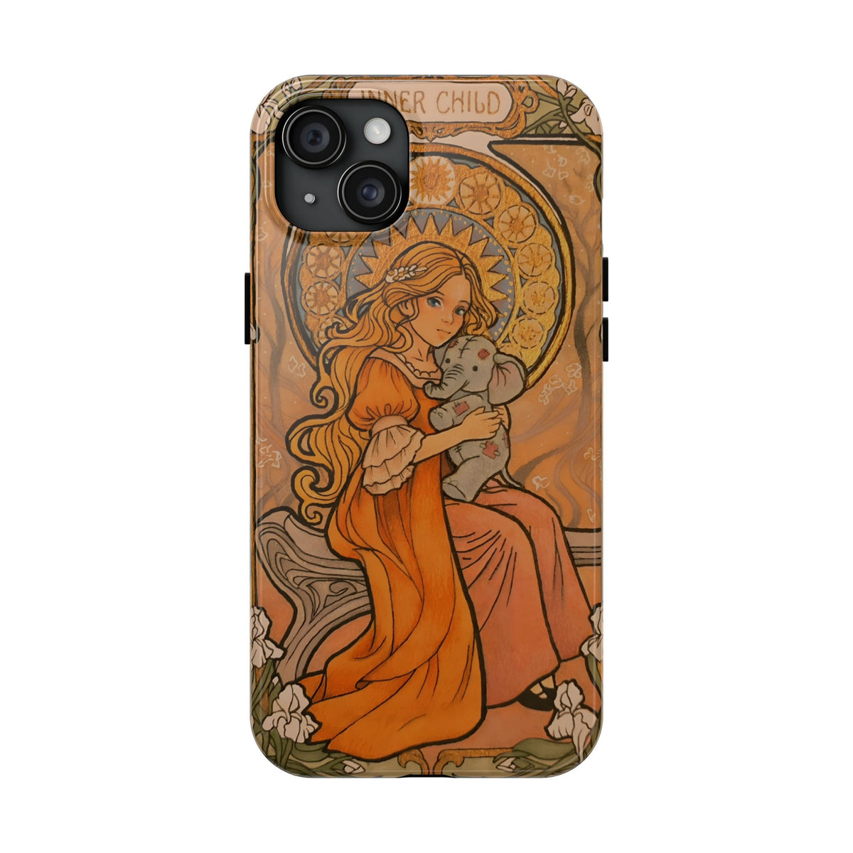 Inner Child tough phone case: girl in an orange dress holding a small gray elephant under a golden halo