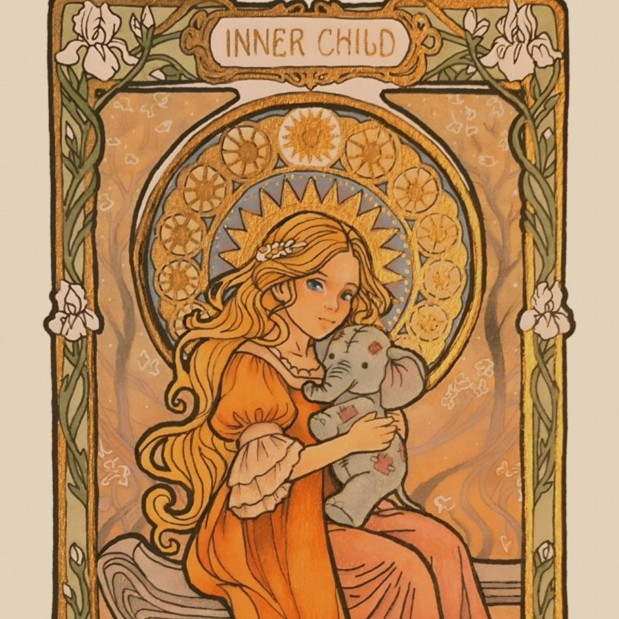 Inner Child poster: girl in an orange dress holding a small gray elephant under a golden halo
