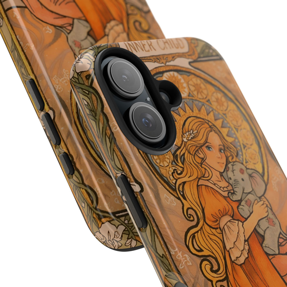 Inner Child tough phone case: girl in an orange dress holding a small gray elephant under a golden halo