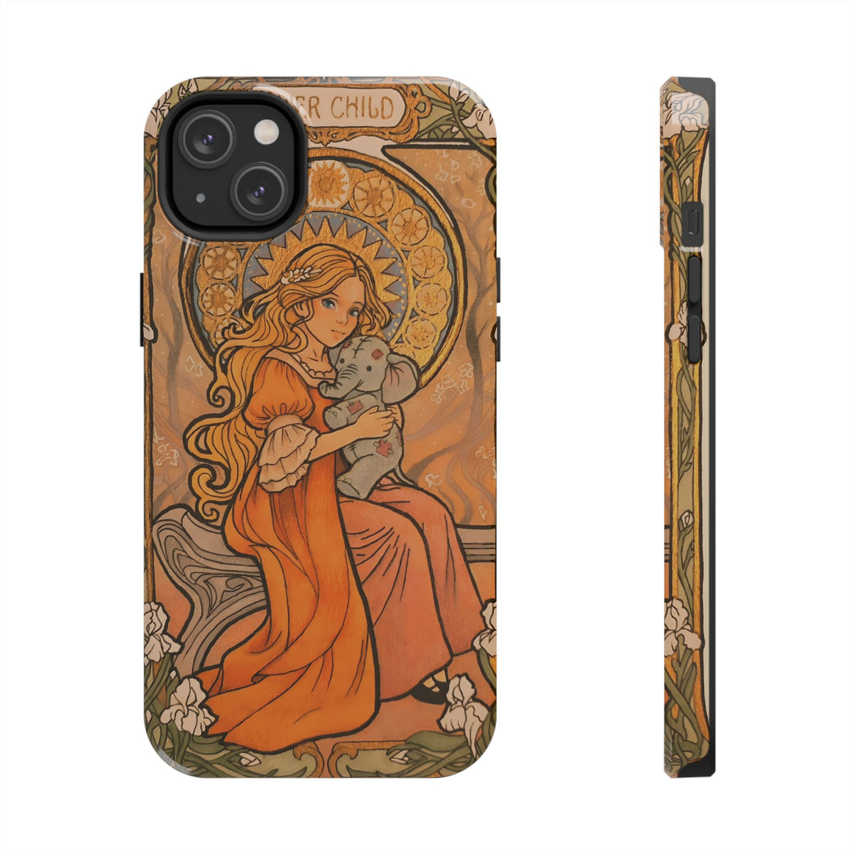 Inner Child tough phone case: girl in an orange dress holding a small gray elephant under a golden halo