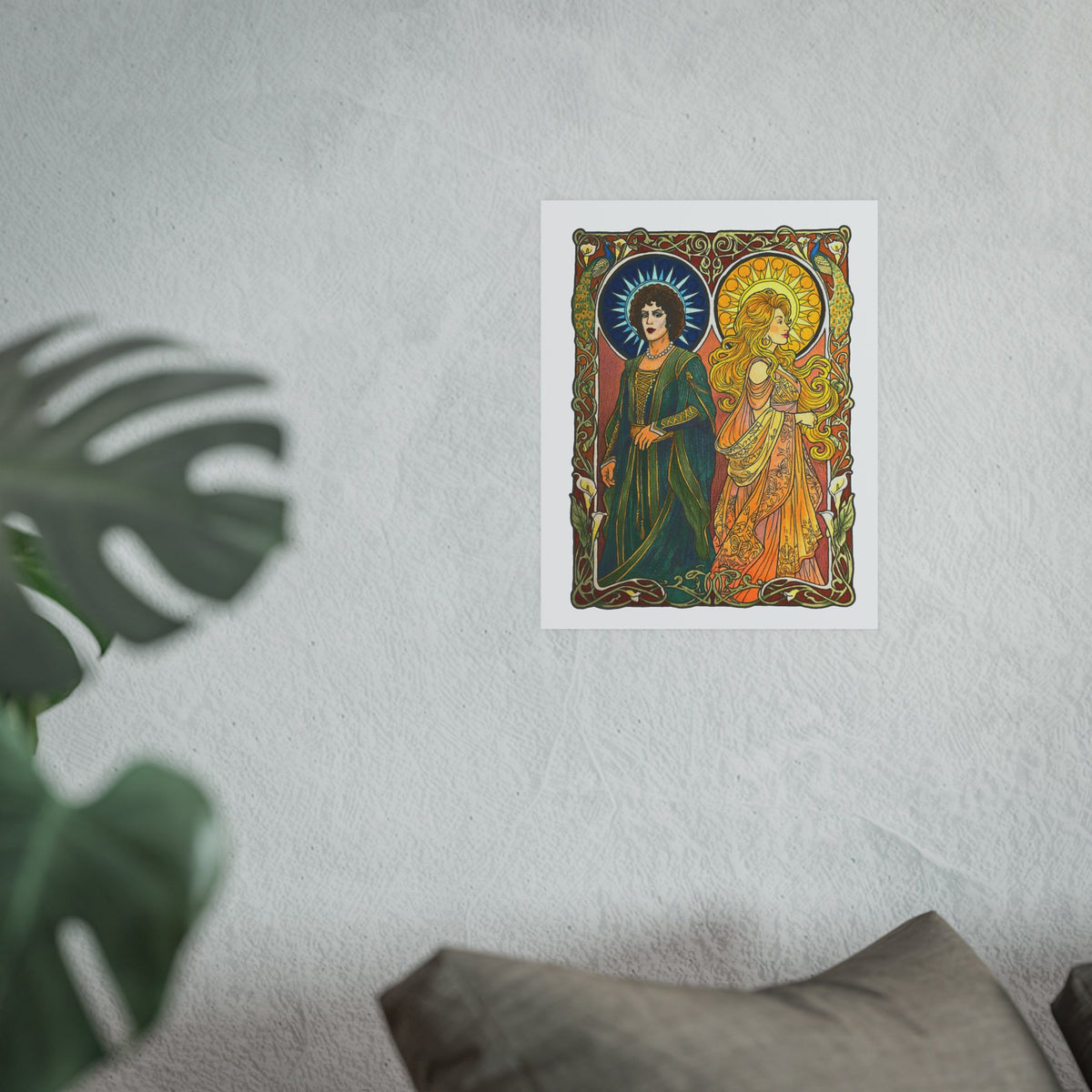 Sun and Moon Saints poster print: two haloed saints in green and gold robes framed by peacocks and lilies
