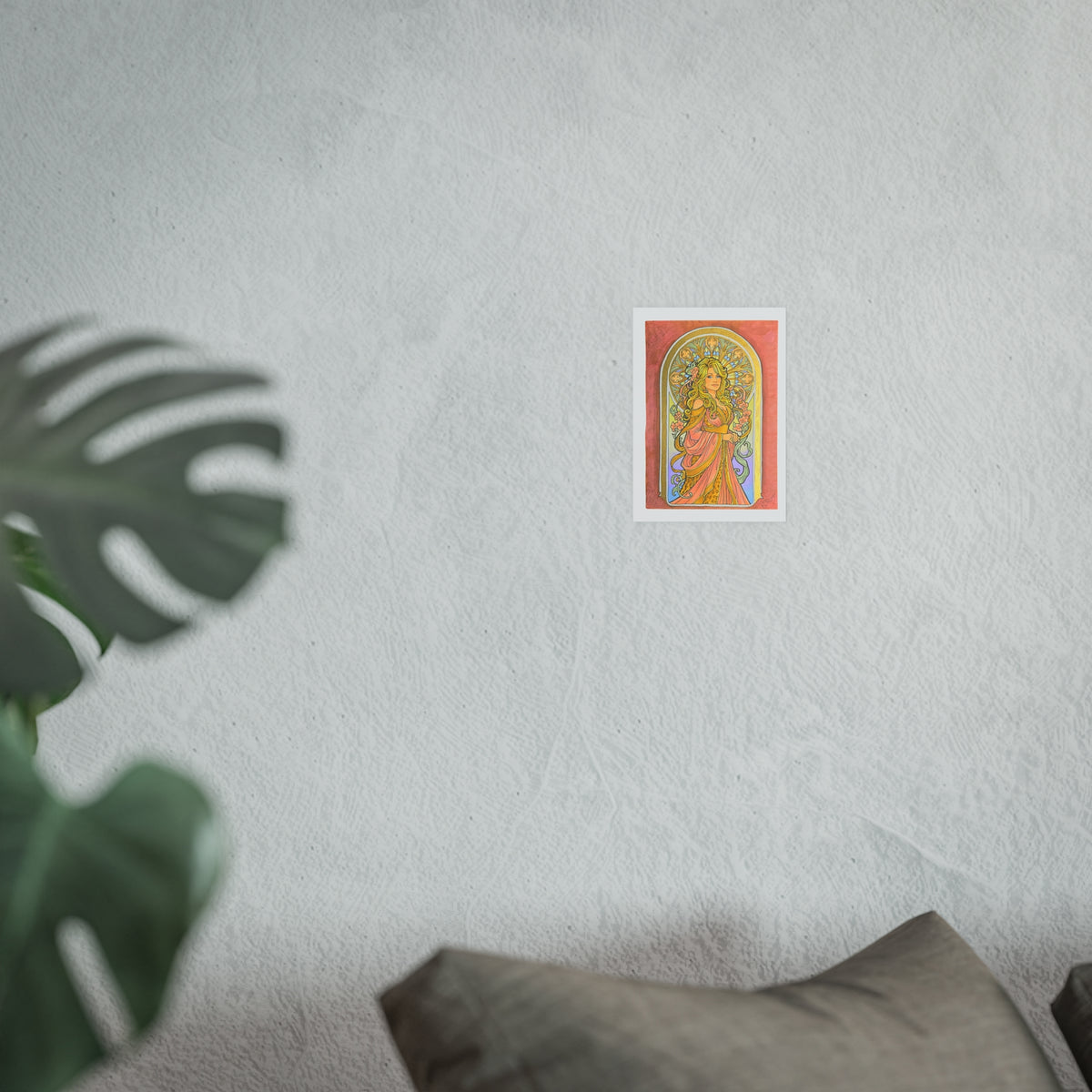 Art Nouveau goddess poster: flower-crowned woman in a pink gown in a peach and gold stained-glass arch