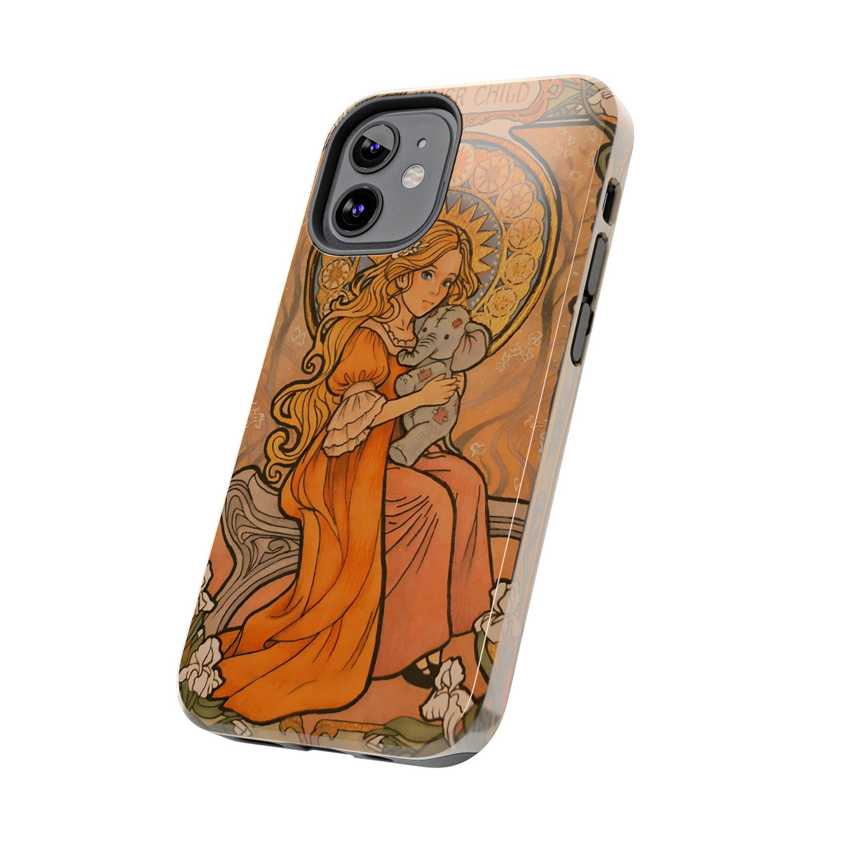 Inner Child tough phone case: girl in an orange dress holding a small gray elephant under a golden halo