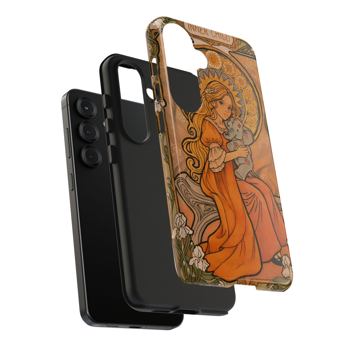 Inner Child tough phone case: girl in an orange dress holding a small gray elephant under a golden halo