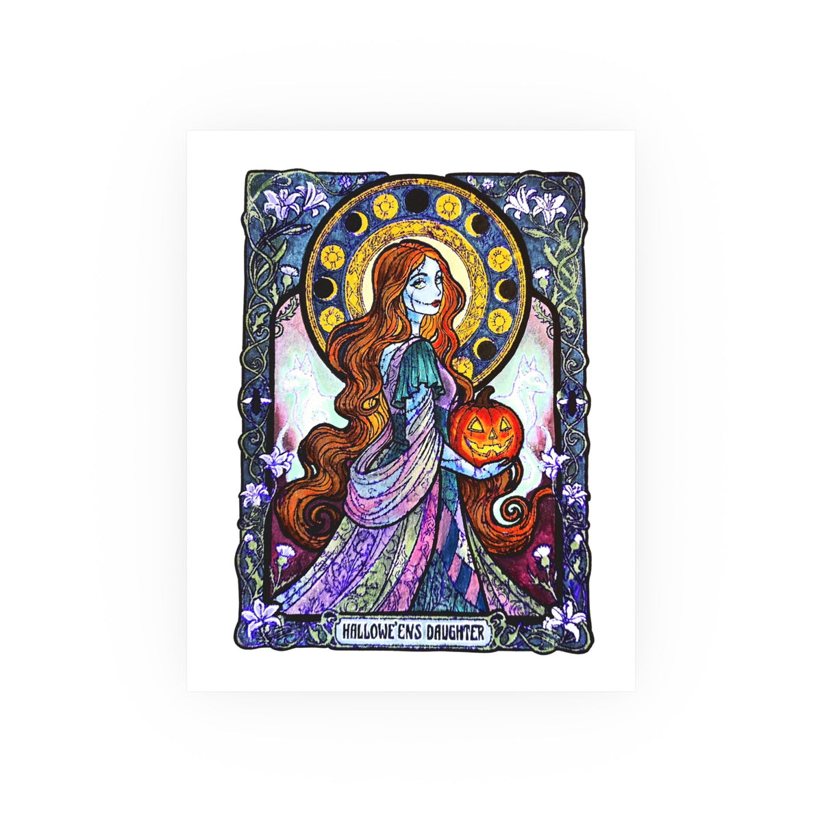 Hallowe'en's Daughter poster: red-haired stitched ragdoll in a patchwork gown holding a jack-o'-lantern