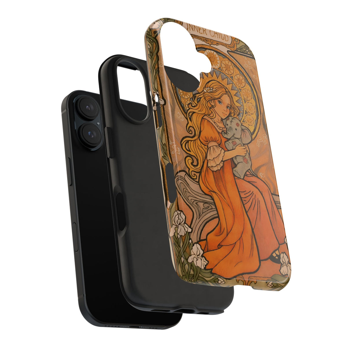 Inner Child tough phone case: girl in an orange dress holding a small gray elephant under a golden halo
