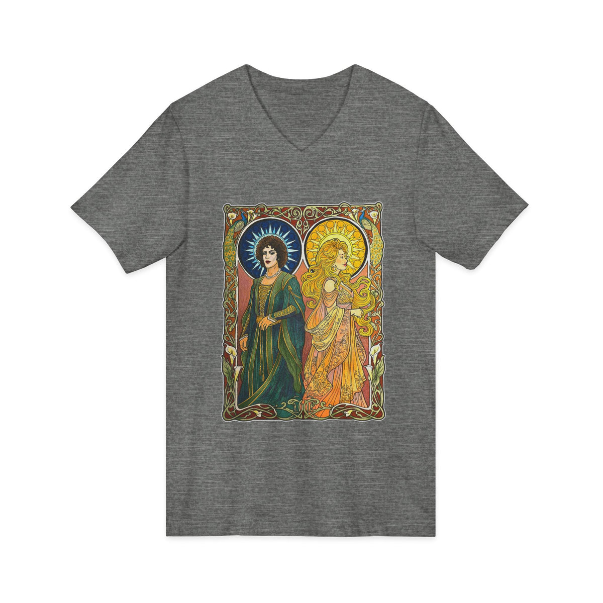 Sun and Moon Saints V-neck tee with two haloed saints in green and gold robes printed on the chest