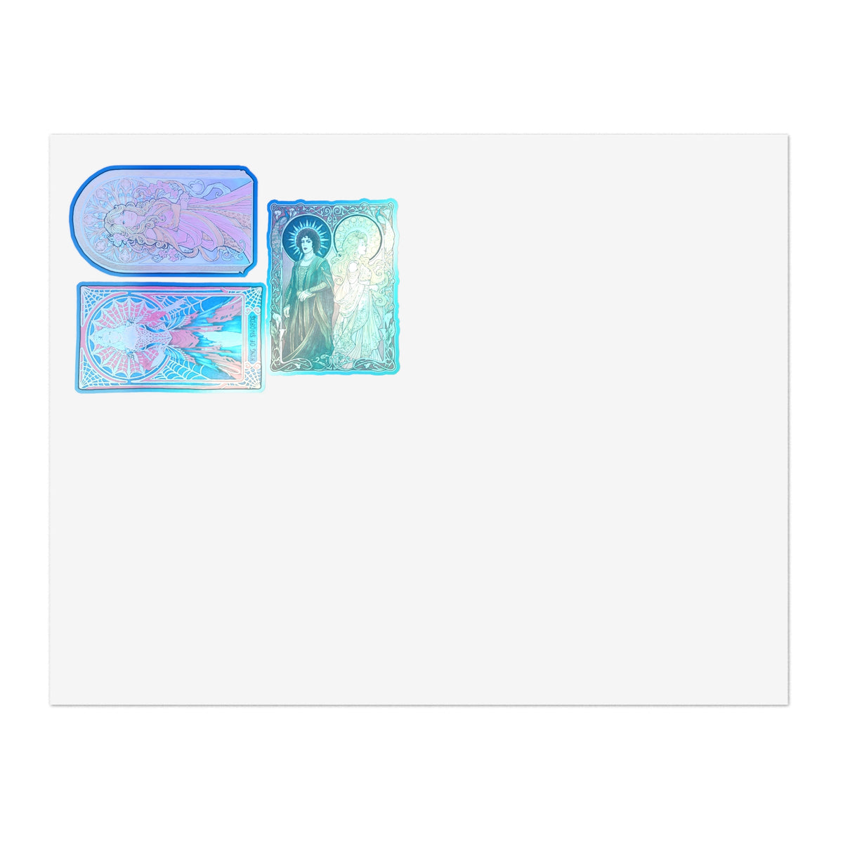 Sticker sheet of three small Art Nouveau saint and angel stickers in gold and jewel tones