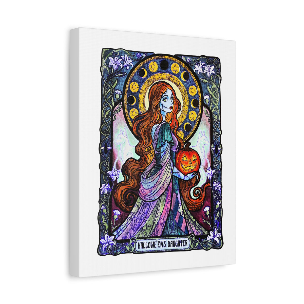 Hallowe'en's Daughter canvas: red-haired stitched ragdoll in a patchwork gown holding a jack-o'-lantern