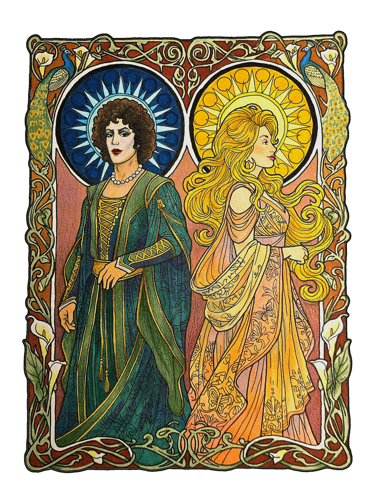 Original Sun and Moon painting: two haloed saints in green and gold robes, mixed media on watercolor paper