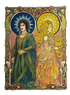 Original Sun and Moon painting: two haloed saints in green and gold robes, mixed media on watercolor paper