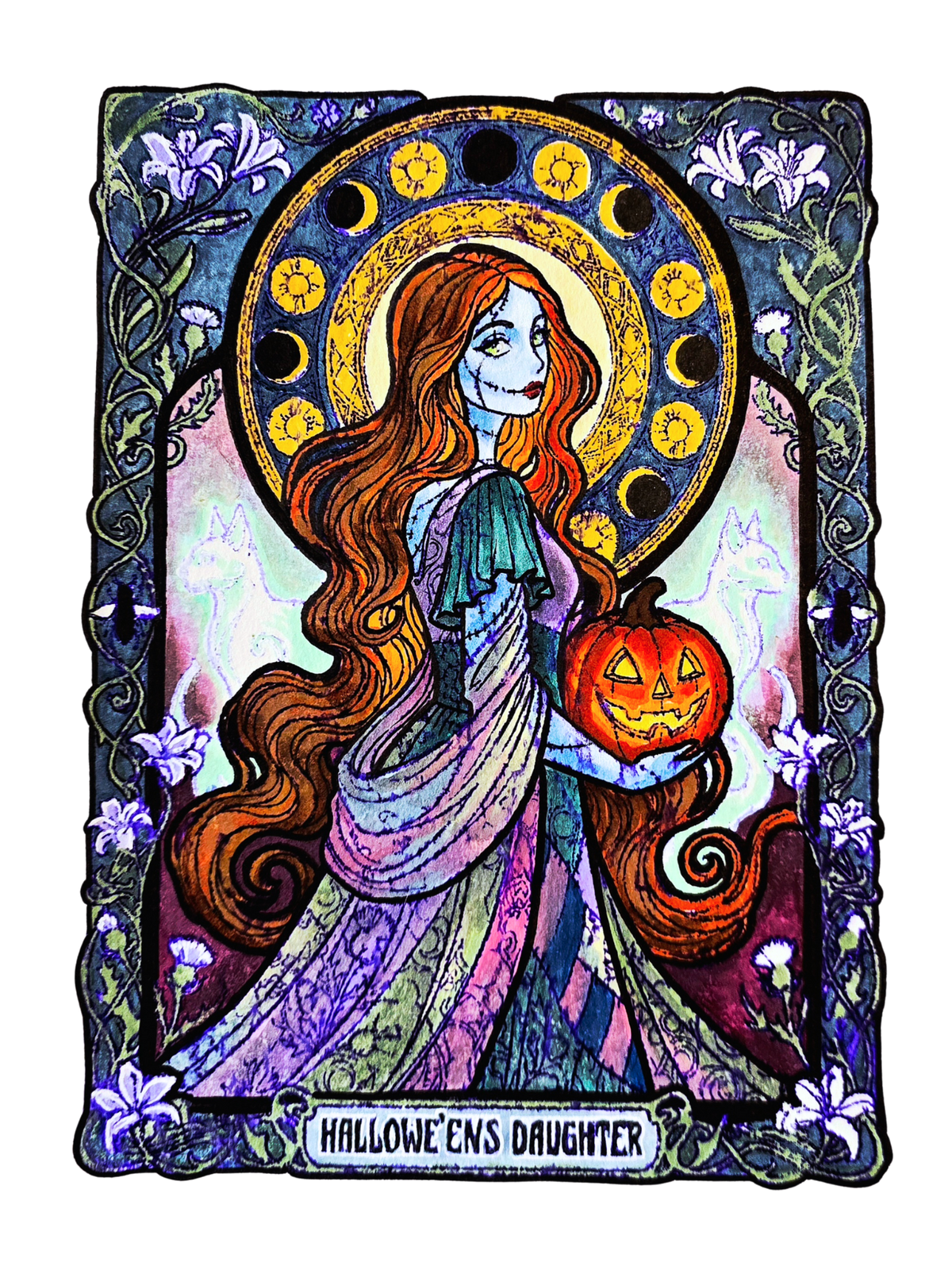 Original Hallowe'en's Daughter painting: red-haired stitched ragdoll in a patchwork gown holding a jack-o'-lantern