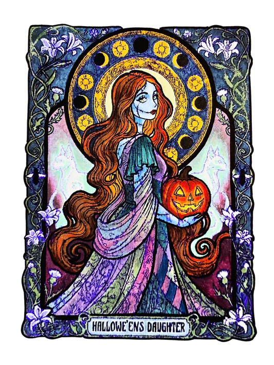 Original Hallowe'en's Daughter painting: red-haired stitched ragdoll in a patchwork gown holding a jack-o'-lantern