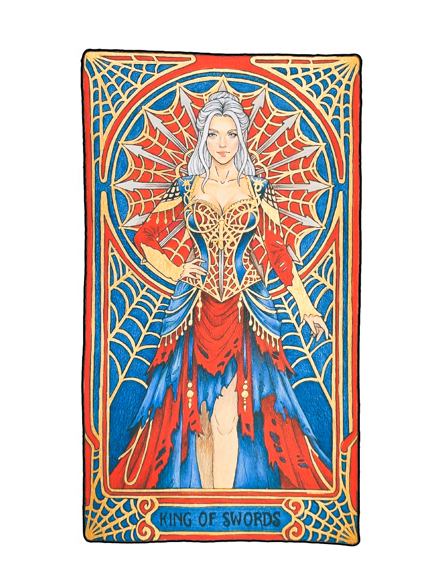 Original King of Swords painting: silver-haired figure in a red and blue gown, mixed media on watercolor