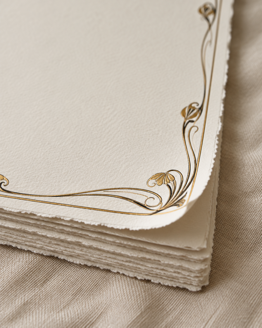 Stack of heavyweight archival art paper with a gold Art Nouveau border