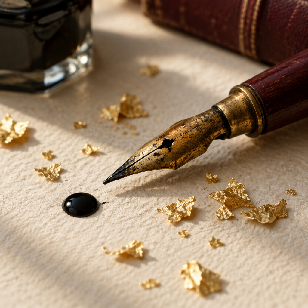 Dip pen nib and gold leaf flakes on watercolor paper