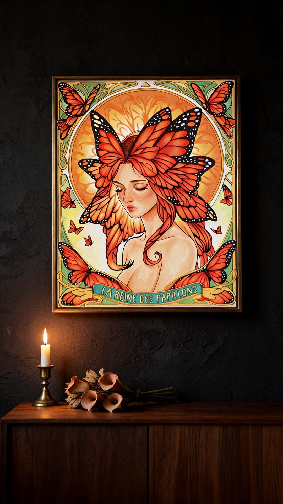 La Reine des Papillons, a monarch butterfly Art Nouveau print by Kate Corbell, framed on a dark wall