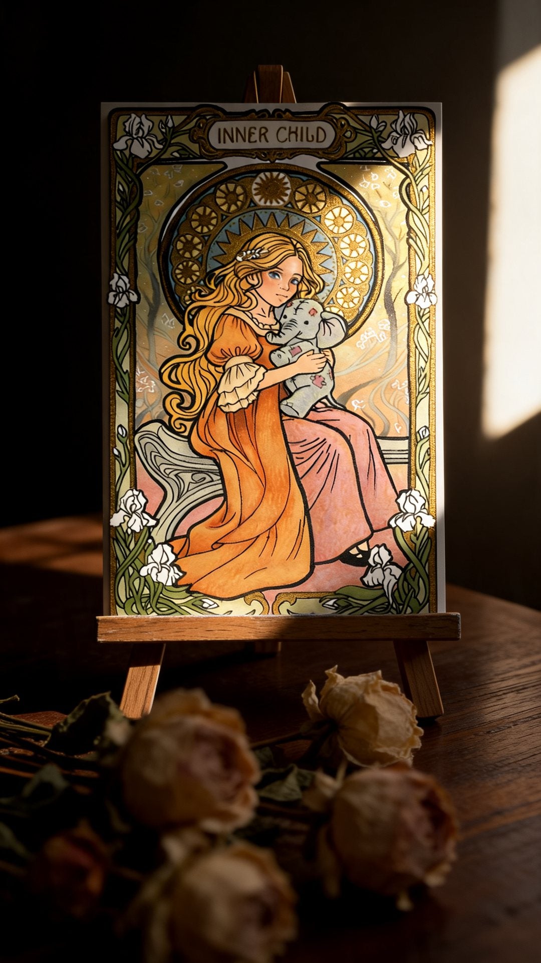 Inner Child, an original Art Nouveau painting with gold leaf by Kate Corbell, on a small easel