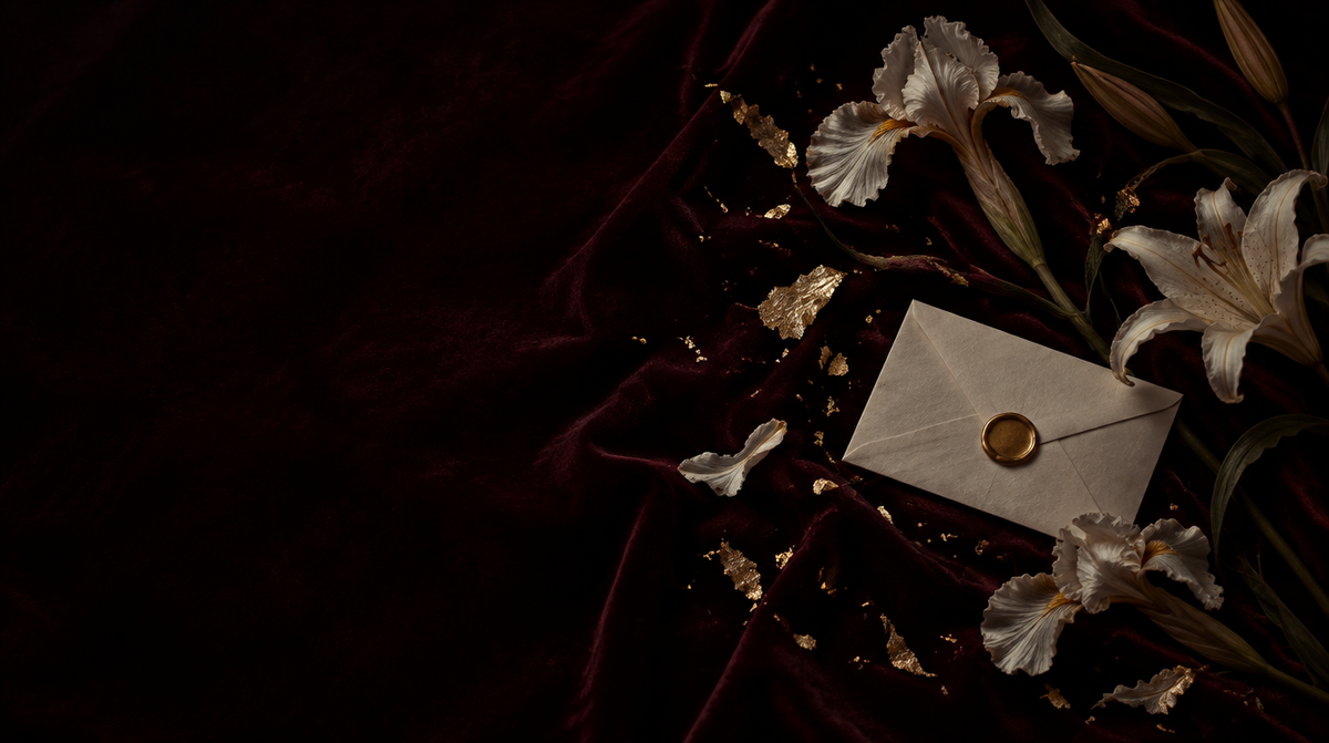 Oxblood velvet with gold leaf, white irises and a sealed envelope