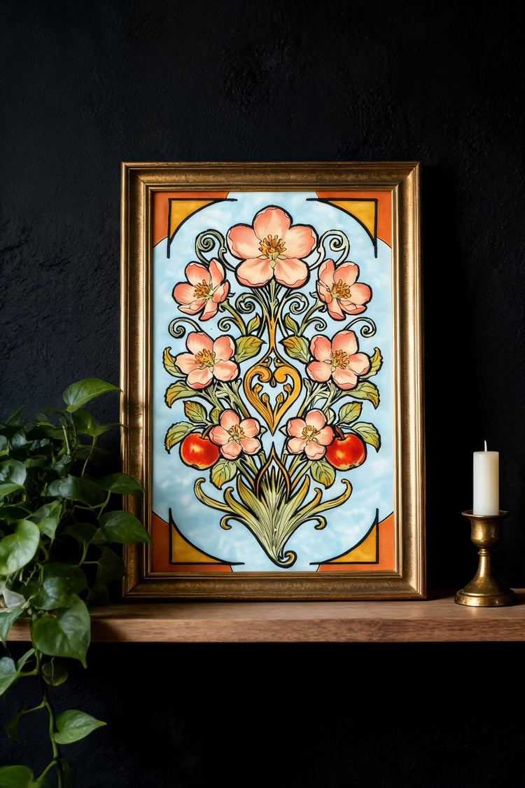 Art Nouveau apple blossom print by Kate Corbell in a gold frame on a dark shelf