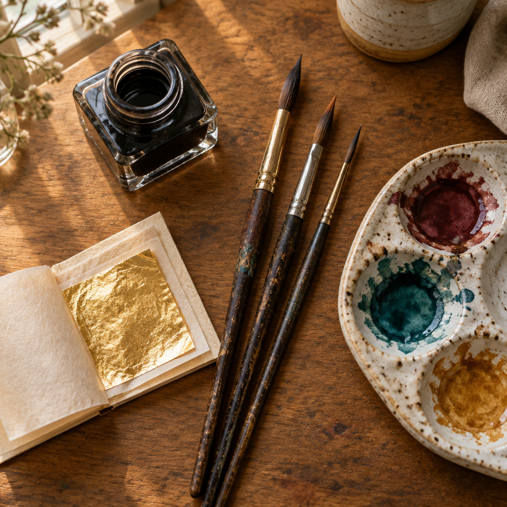 Inkwell, brushes, gold leaf and watercolor palette on an artist desk