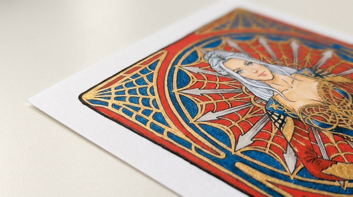 Original King of Swords painting: silver-haired figure in a red and blue gown, mixed media on watercolor