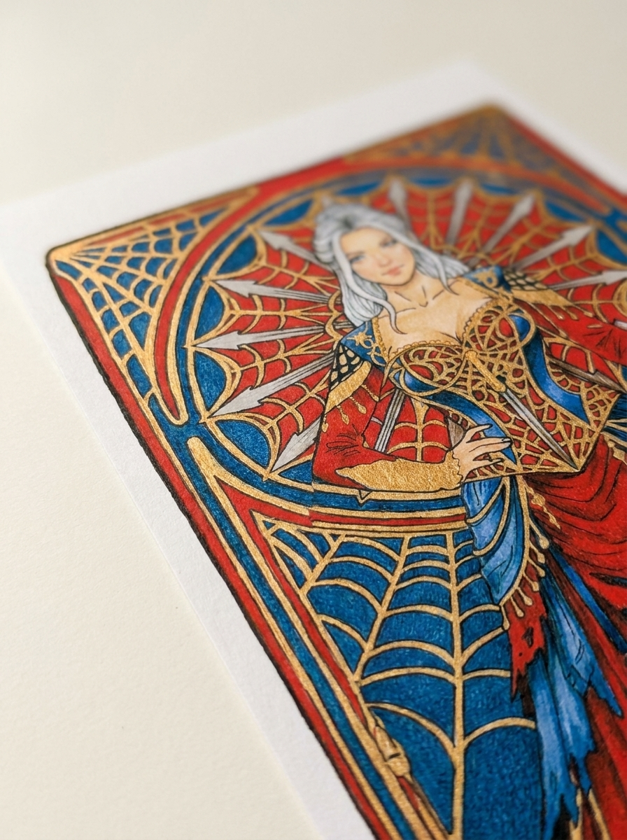 Original King of Swords painting: silver-haired figure in a red and blue gown, mixed media on watercolor