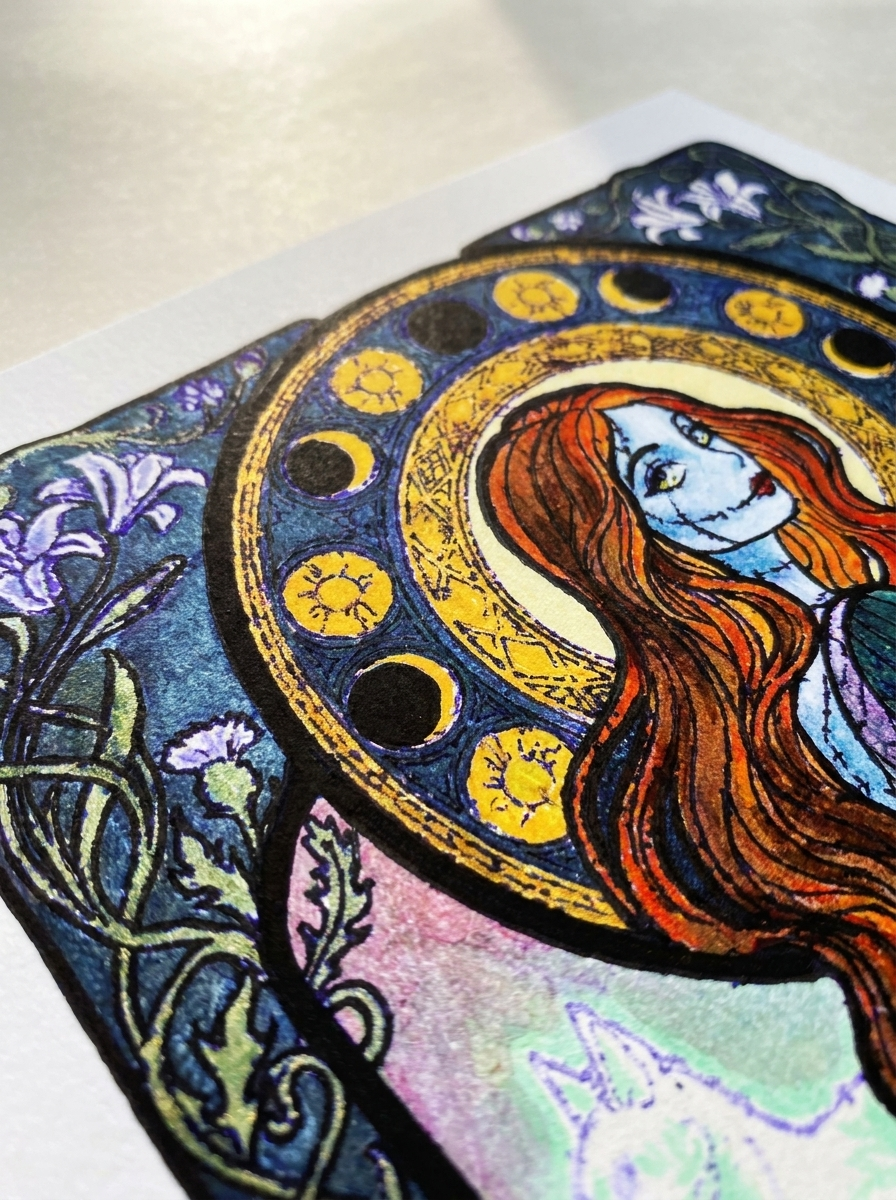 Original Hallowe'en's Daughter painting: red-haired stitched ragdoll in a patchwork gown holding a jack-o'-lantern