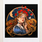 Lovely Alice Art Nouveau print by Kate Corbell: Alice with long golden hair and a crown of red roses, holding a pocket watch beneath a gold crescent moon, with floating keys and a teacup