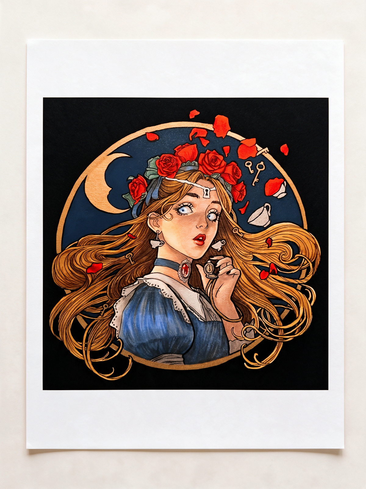 Lovely Alice Art Nouveau print by Kate Corbell: Alice with long golden hair and a crown of red roses, holding a pocket watch beneath a gold crescent moon, with floating keys and a teacup