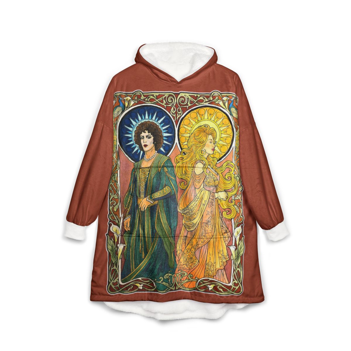 Sun and Moon hoodie blanket printed with two haloed saints in green and gold robes