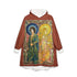 Sun and Moon hoodie blanket printed with two haloed saints in green and gold robes